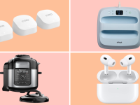 Collage of on-sale Amazon products, including Apple earbuds and a Graco car seat in front of colored backgrounds.
