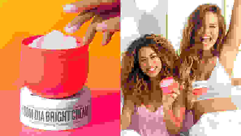 On the left: A pink jar of moisturizer uncapped to reveal a light pink cream. On the right: Two women smiling and holding up jars of moisturizer.