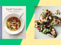 The cover of Small Victories cookbook next to an image from the book of mushrooms on toast.