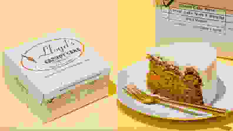 On left, box of Lloyd's carrot cake. On right, slice of carrot cake on a plate.