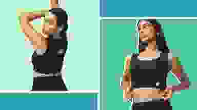 Collage of two images of models wearing a black sports bra.