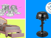 Set of stainless steel cookware, kid's bed, and electric barbecue on a pink, yellow, and blue background