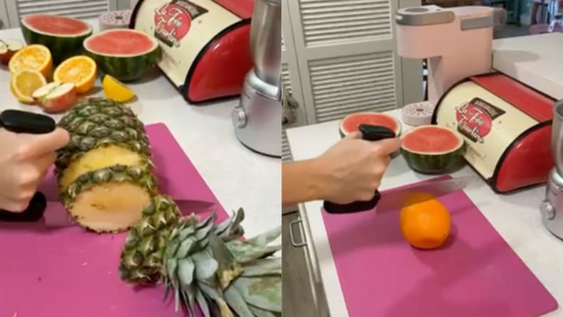 Side by side photos of a person cutting fruit using an ergonomic Swedish chef knife. The photo on the left features pineapple and the right photo features oranges.