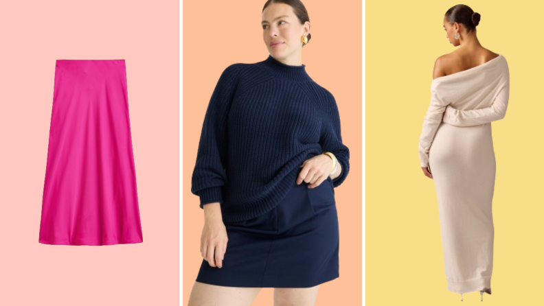 Collage of three plus-size options: A pink midi skirt, a navy rollneck sweater, and a cream off-the-shoulder floor-length sweater dress.