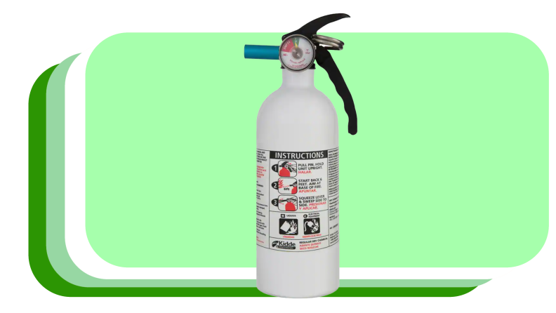 White fire extinguisher with black attached handle.