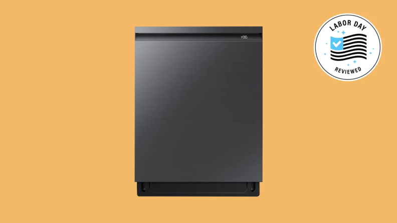 A black Samsung dishwasher on a yellowish background with a Labor Day badge.