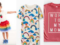On left, young girl wearing rainbow tulle skirt. In middle, rainbow print pajamas. On right, red shirt that read,