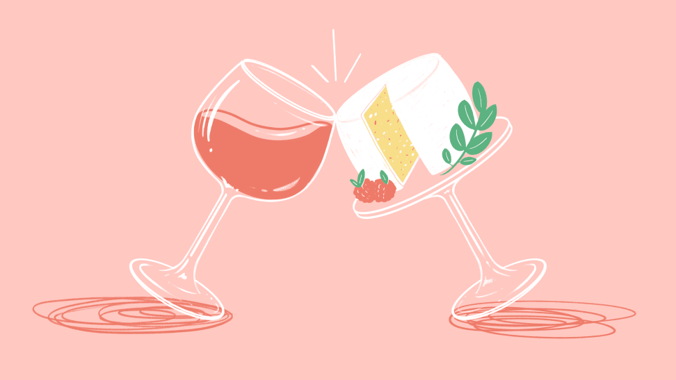 An illustration of a glass of rosé leaning slightly to 'cheers' with a wheel of cheese on a pedestal.