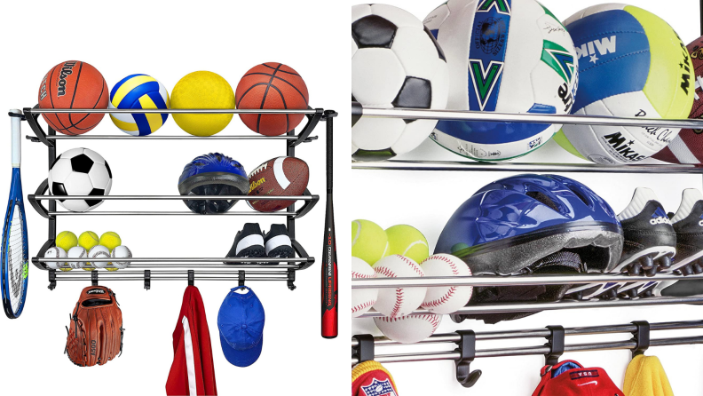 Left: floating shelves with sporting gear like basketballs, tennis balls, hats, and sneakers, Right: close-up of shelving