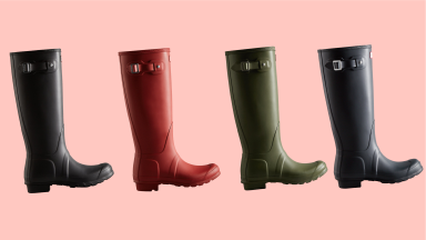 Hunter rain boots in a row.