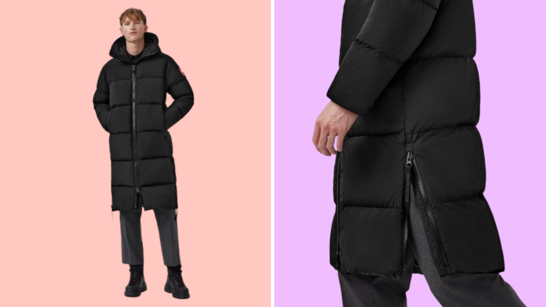 Two photographs of a model wearing a long black puffer coat.