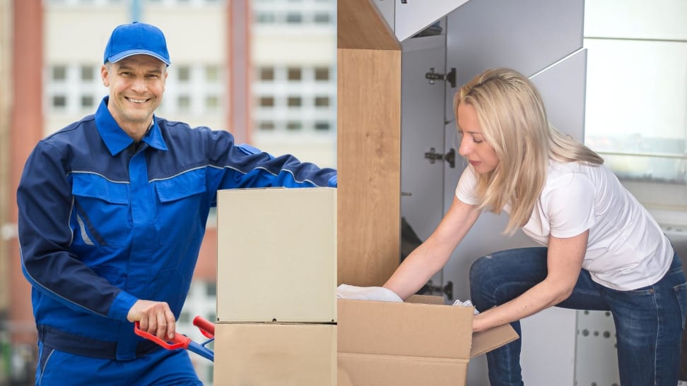 A professional worker with a cardboard box next to a woman working on her closet.