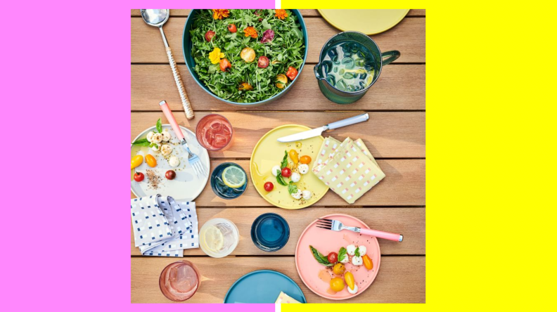 A colorful spread of outdoor dinnerware