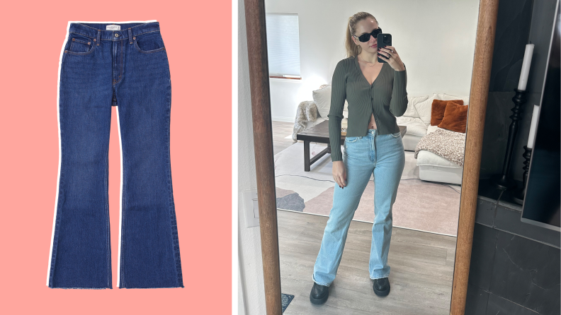 Image of a woman wearing blue flare jeans with a cardigan, and a product shot of the same jeans in a dark blue wash.