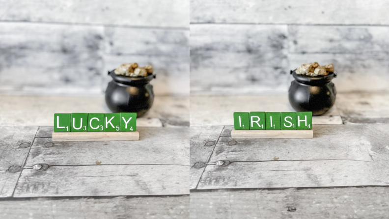 Green Scrabble letter tiles that spell out 'Lucky' and 'Irish' next to small pots of gold.