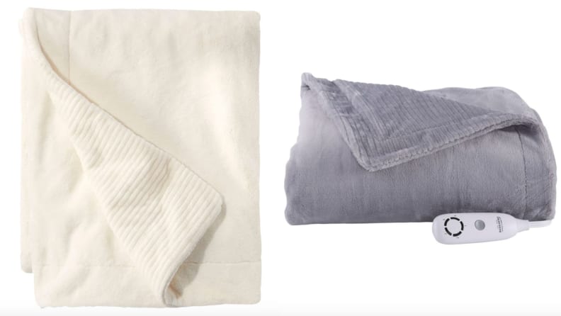 On left, a beige blanket with the corner folded. On right, a gray blanket folded on its side.