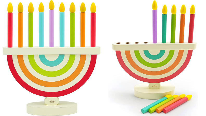 On the left: a rainbow colored wooden menorah with all 9 candles. On the right: the same rainbow colored menorah wit 5 candles in it and 4 lying beside it.