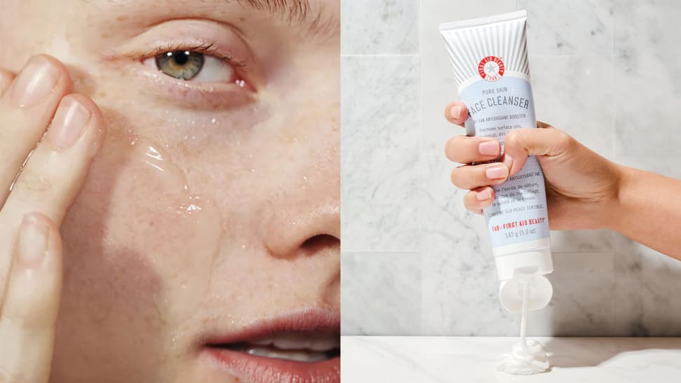 On the left: A closeup of the right side of a person's face as they stare into the camera and glide the Glossier Milky Jelly Cleanser's clear formula on their fair skin. On the right: A hand squeezes a white formula out of the First Aid Beauty Pure Skin Facial Cleanser onto a marble countertop.