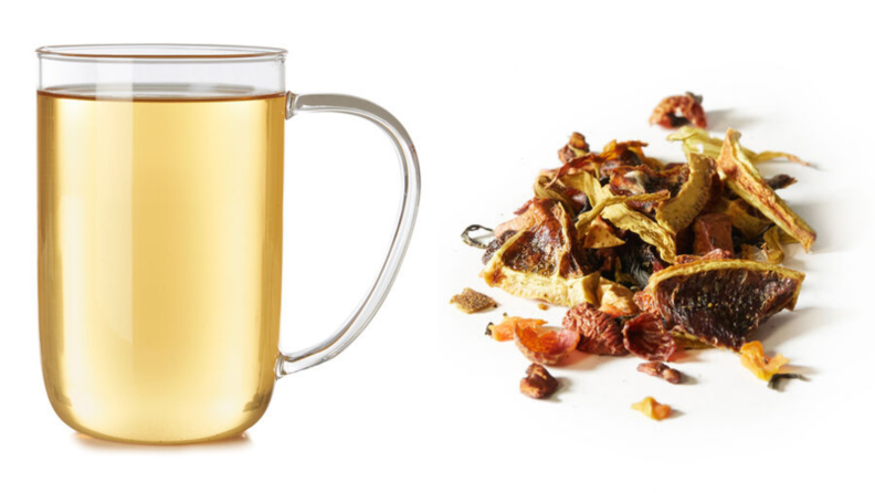 An image of a glass mug of tea and loose leaf tea.
