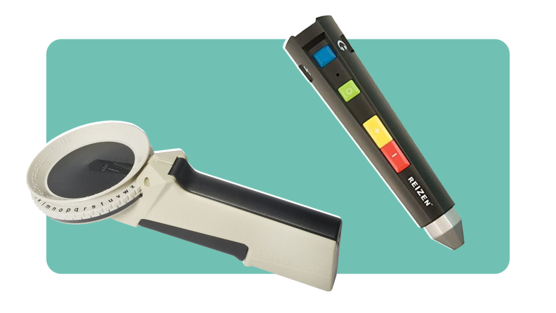 Product shots of the Reizen Braille labeler and  Talking Label Wand side by side.