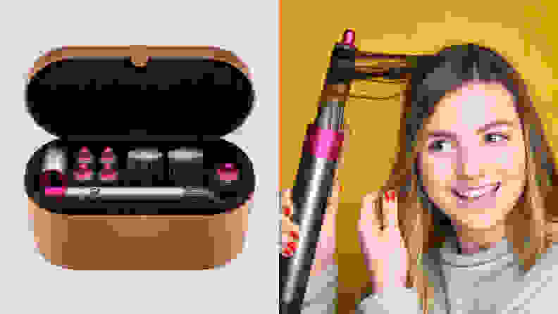 On the left: The Dyson Airwrap Styler sits inside its brown leather case on a gray marble background. On the right: A woman smiles and holds the Dyson Airwrap Styler up to her hair, which wraps around the barrel.