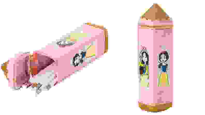 Pink princess tower themed pencil case holding pencils.