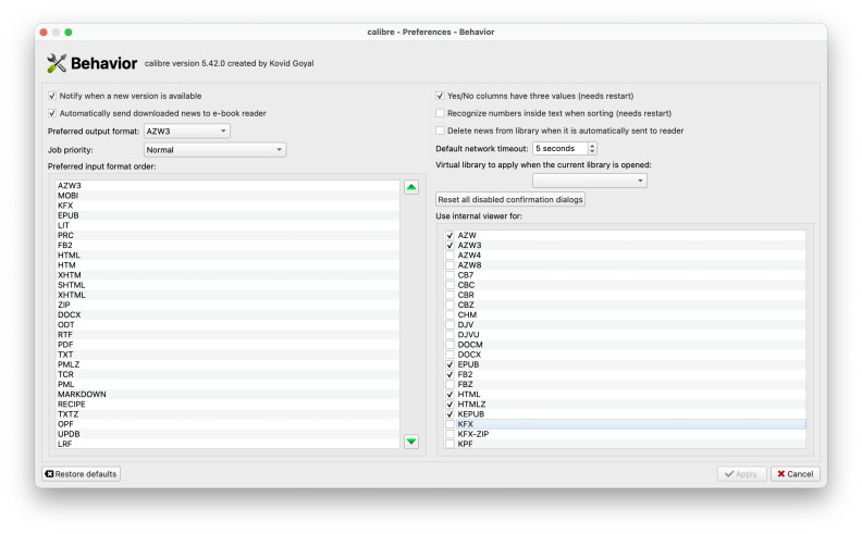 Screenshot of Calibre's preferences settings.