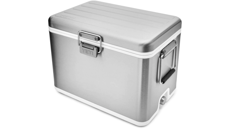A silver Yeti cooler