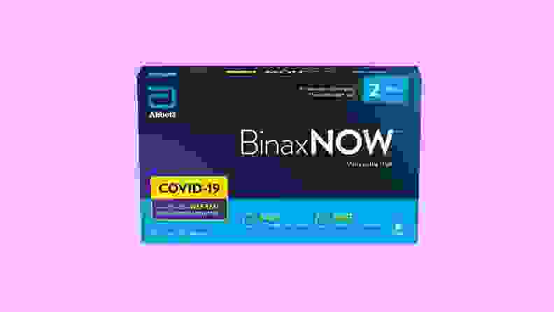 A black package of BinaxNOW COVID-19 Antigen Self Test on a purple background.