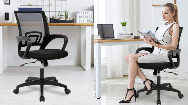 A person sits in a rotating office chair.