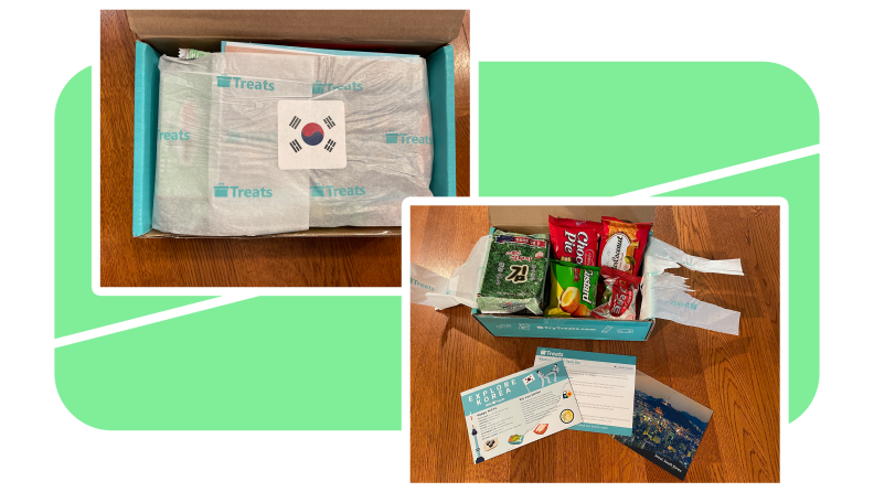 Two pictures of May's International Snack Box open and closed packaging of the treats inside the box.