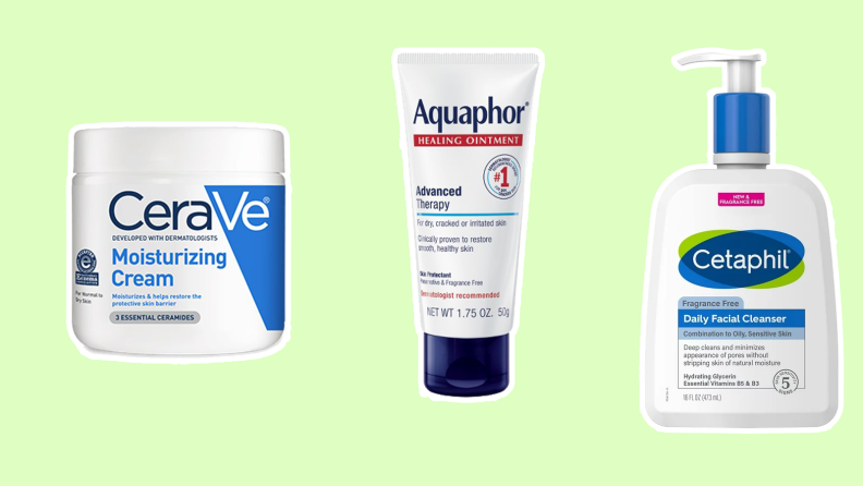 Cerave, Aquaphor, and Cetaphil on green background