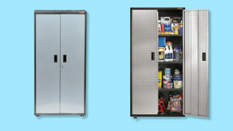 Two views of a tall metal cabinet against a blue background.