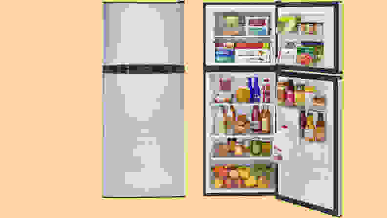 Two images of the Haier HA10TG21SS top-freezer refrigerator, one with its door closed and the other with its door open, showcasing a fully-stocked interior.