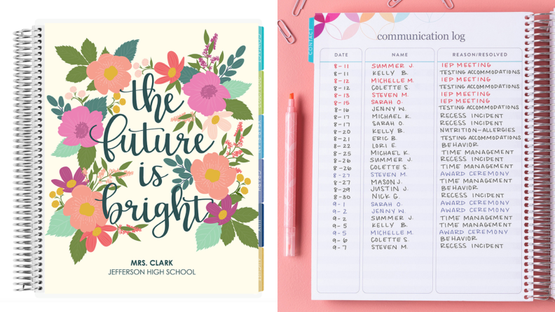 On left, cover of multi-colored floral planner. On right, communication log page out of planner with multiple students names written down, next to pink marker and paper clips.