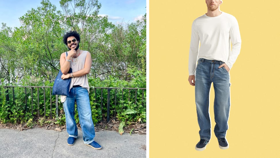 A pair of relaxed jeans and a photo of the author posing on the sidewalk wearing the same jeans with a beige tank top and blue tote bag.