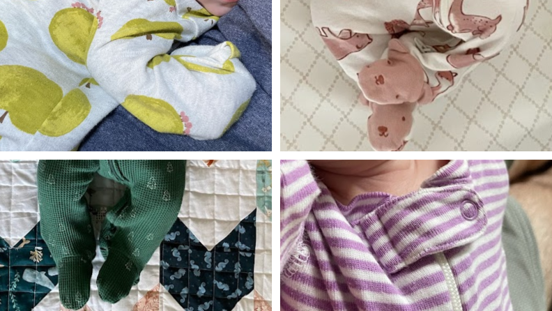 A photo collage of a newborn laying down while wearing four different colorful, patterned onesies.