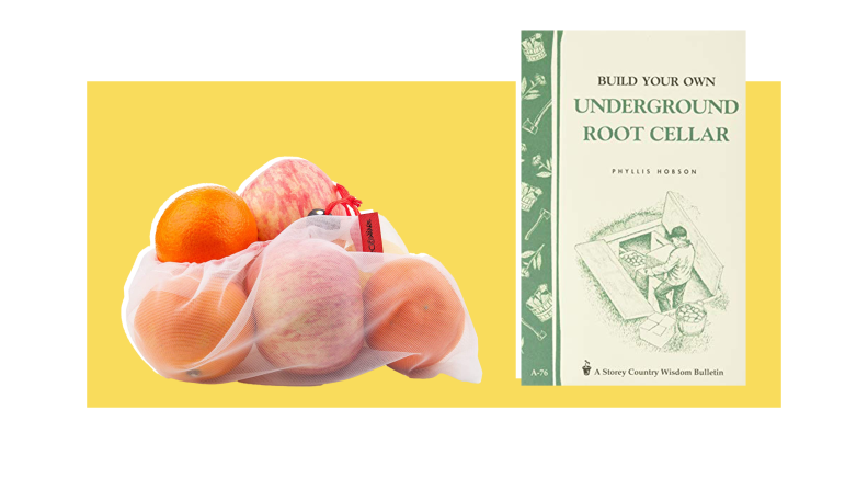 A plastic bag filled with apples and oranges next to a book in front of a background.
