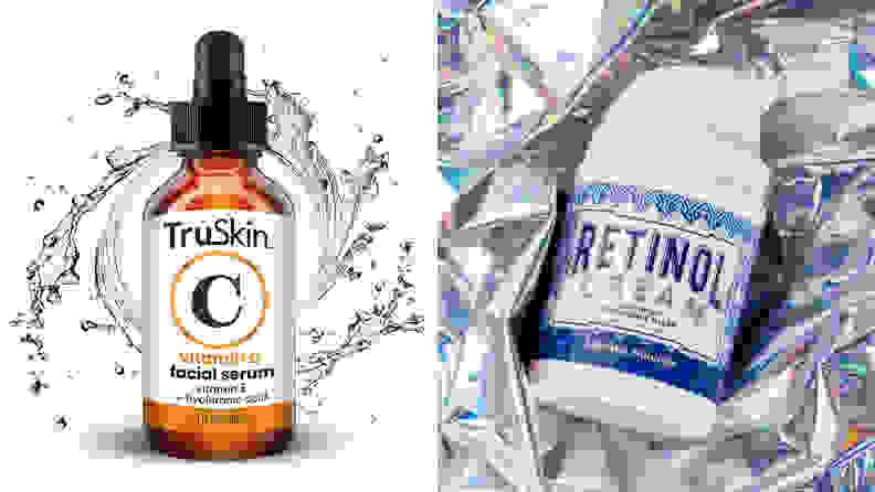 On the left: An orange dropper bottle of serum with water all around it. On the right: A small pump bottle of retinol laying on holographic tissue paper.