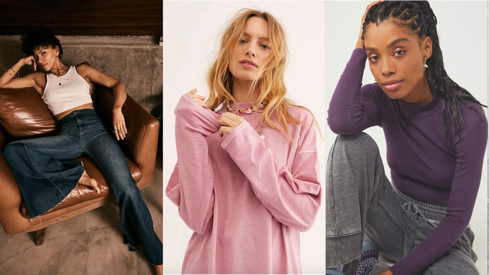 Three images of models wearing jeans, slouchy shirts, and mockneck shirts.