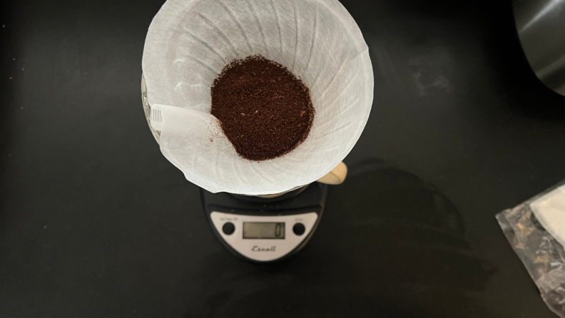 The Hario Switch filter filled with coffee shown from top