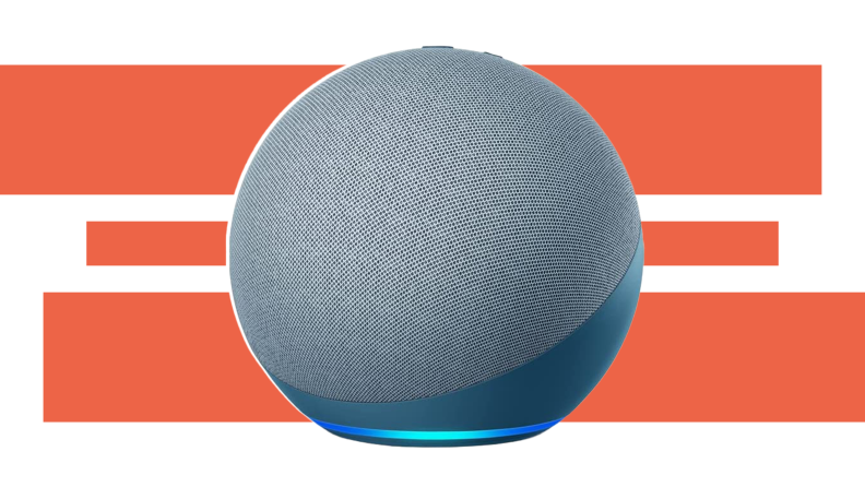 The gray orb Echo Dot in front of a red-orange and white background.