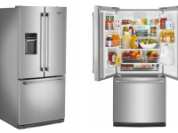 A side view of the Maytag MFW2055FRZ refrigerator on the left. A front view of the Maytag MFW2055FRZ refrigerator on the right.