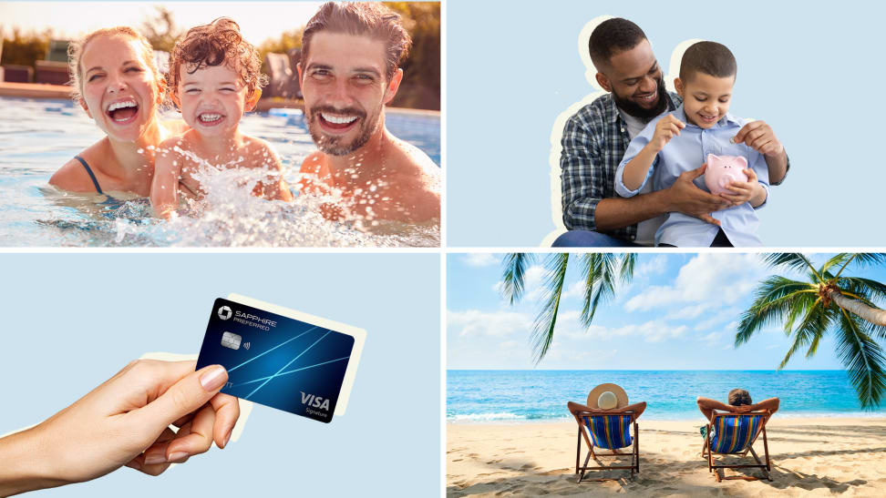 On top left, family of three smiling in swimming pools outdoors. On top right, child and parent smiling while inserting coins into pink piggy banks. On bottom left, person holding blue plastic credit card. On bottom right, two people lounging in beach chairs on tropical beach.