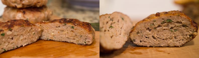 Stovetop sliders on the left, Airfryer sliders on the right. The airfried patties have a thinner sear but it surrounds the meat completely.