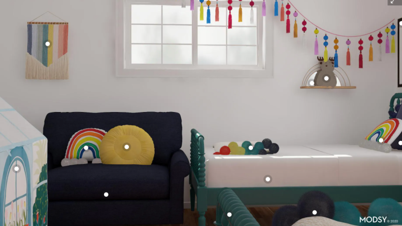 A 3D rendering of a potential kids' room with modsy