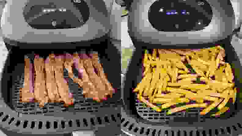 Cooked bacon on the left and French fries on the right inside the Typhur Dome Air Fryer.
