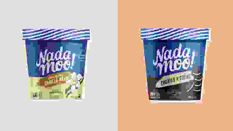 Two pints of dairy free ice cream from NadaMoo side by side.