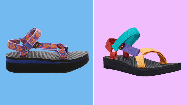 An image of a Teva Flatform shoe with purple and pink straps next to an image of a Teva Midform sandal with brightly colored, retro straps.