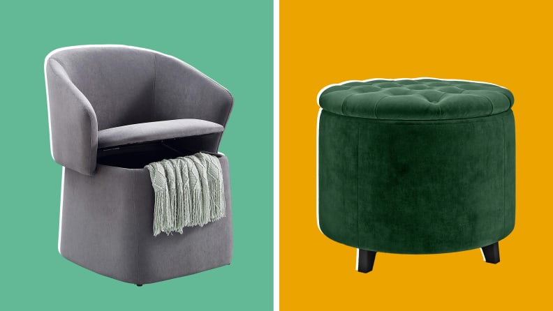 On the left is a gray flip-back side chair with a hanging blanket.  On the right, round pouf in green velvet.